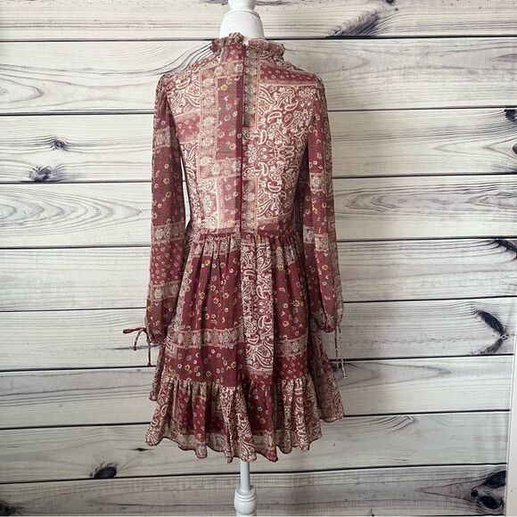 Polly Burgundy Patterned Ruffle Neck Long Sleeve Fit & Flare Dress - Picture 9 of 12